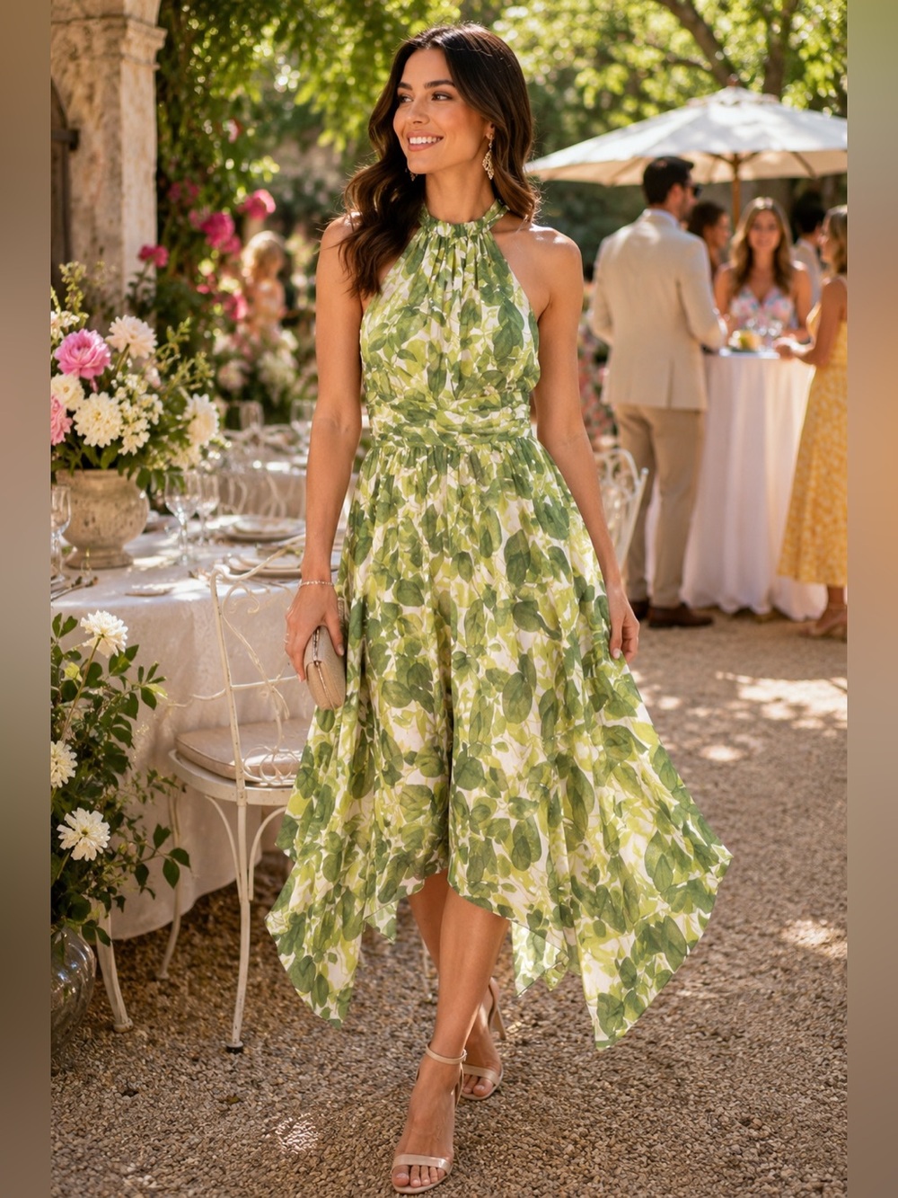 Vince Camuto Green Leaf Halter Midi Dress - Picture 1 of 9